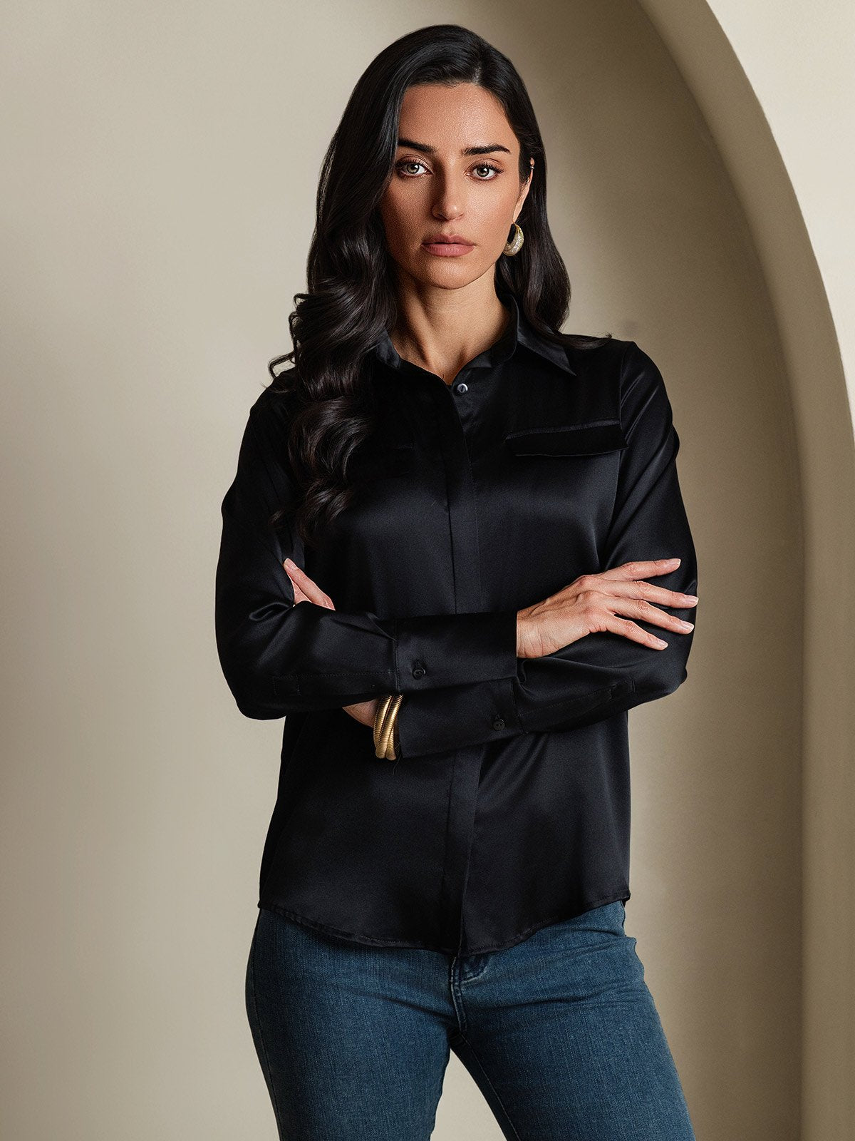 SilkSilky-DE 19Momme Seide Langärmelig Umlegekragen Damenhemd Schwarz 003