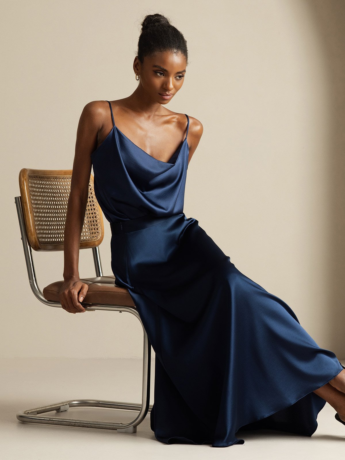 [Dunkelblau] SilkSilky-DE 19Momme Seidenstrick Umlegekragen Women''s Outfit Sets 001,