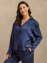 [Dunkelblau] SilkSilky-DE 19Momme Langärmelig Notch-Kragen Damen Pyjamas 007
