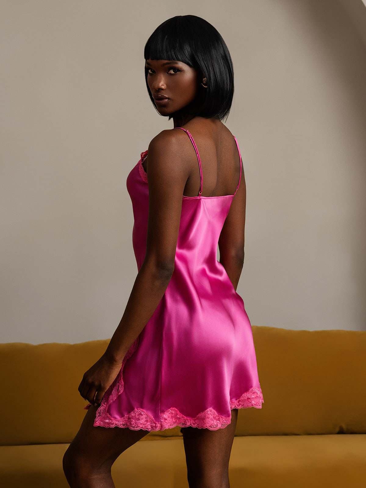 [Heißes Rosa] SilkSilky-DE Reine Seide V Ausschnitt Nachthemden 002