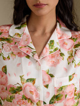 [Weiße Pfingstrose] SilkSilky-DE Short Sleeve Notch Collar Damen Pyjamas 005