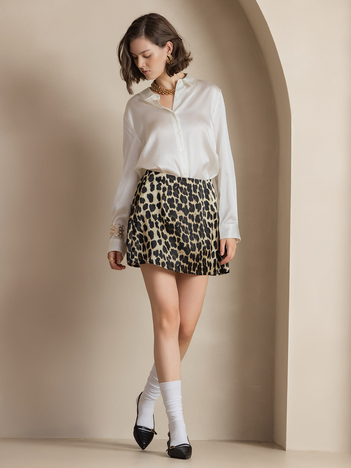 [Weiß] SilkSilky-DE Seide Langärmelig Umlegekragen Damenhemd 007