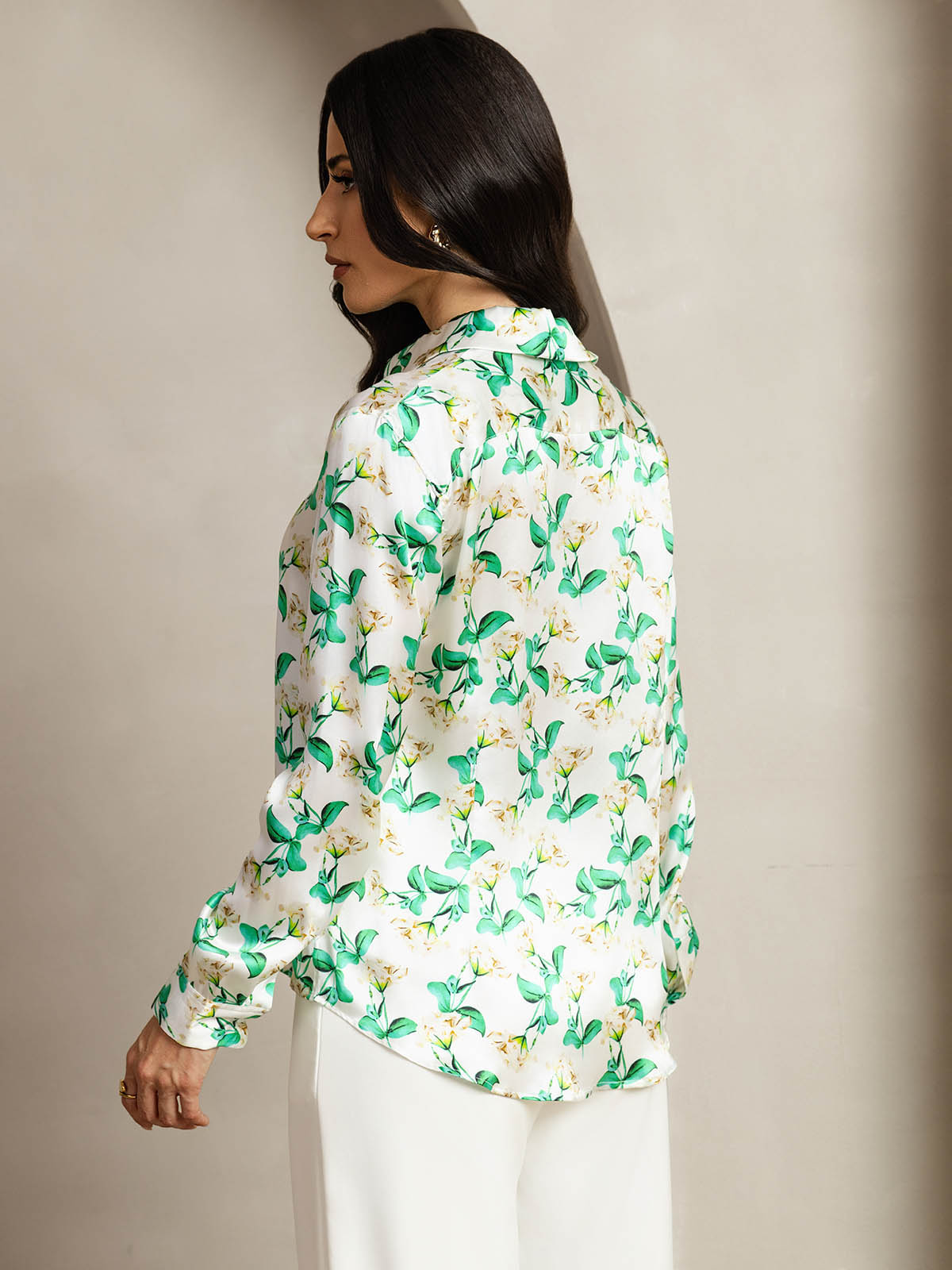 [Grün Blumen] SilkSilky-DE Seide Umlegekragen Damenhemd 002