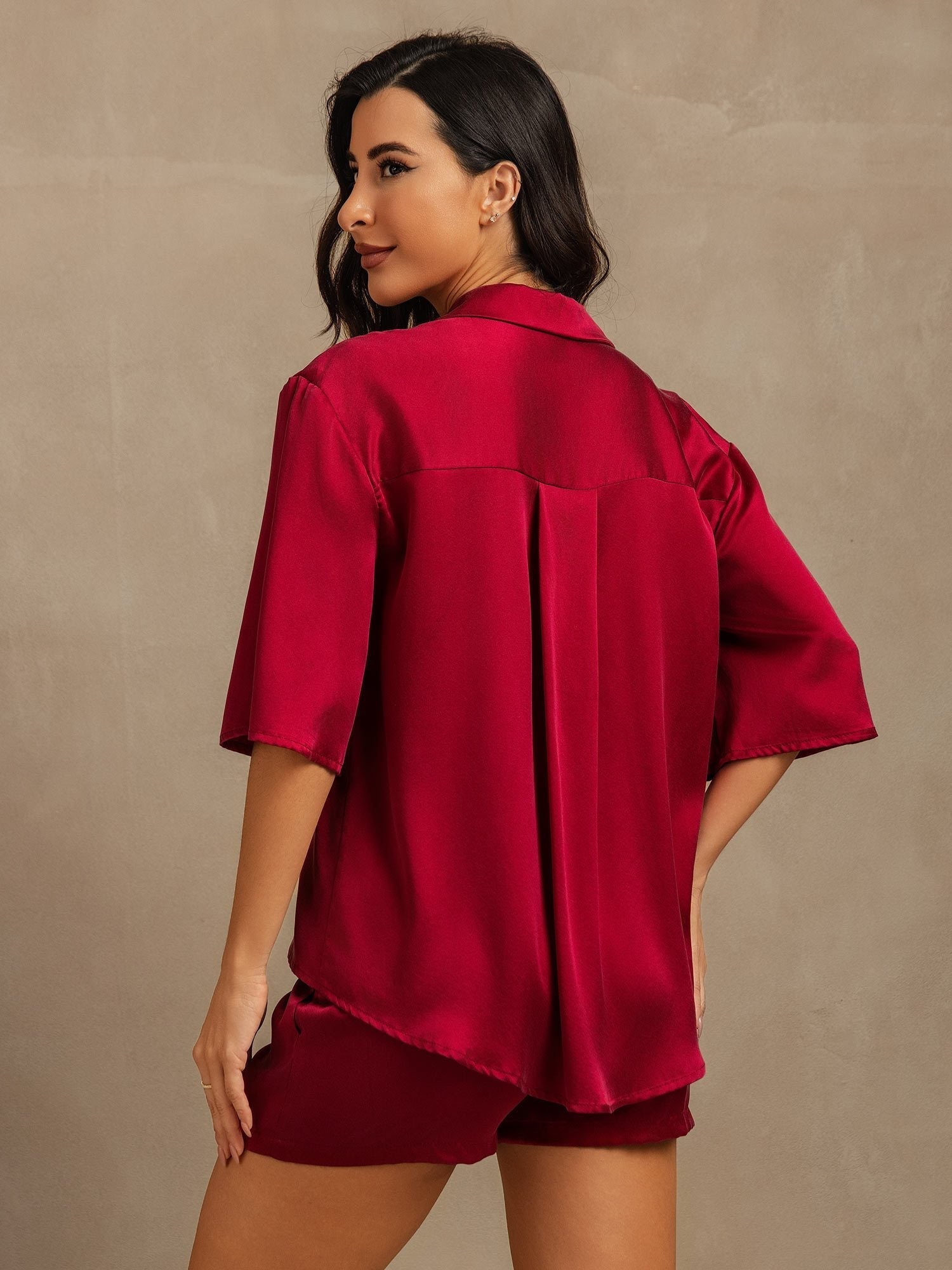 [Rotwein] SilkSilky-DE 19Momme Reine Seide Halblange Ärmel Umlegekragen Damen Pyjamas 002