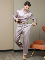 [Blasses Mauve] SilkSilky-DE Langärmelig Notch-Kragen Herren Pyjamas 007