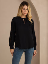 [Schwarz] SilkSilky-DE Long Sleeve Keyhole Neck Damenblusen 001