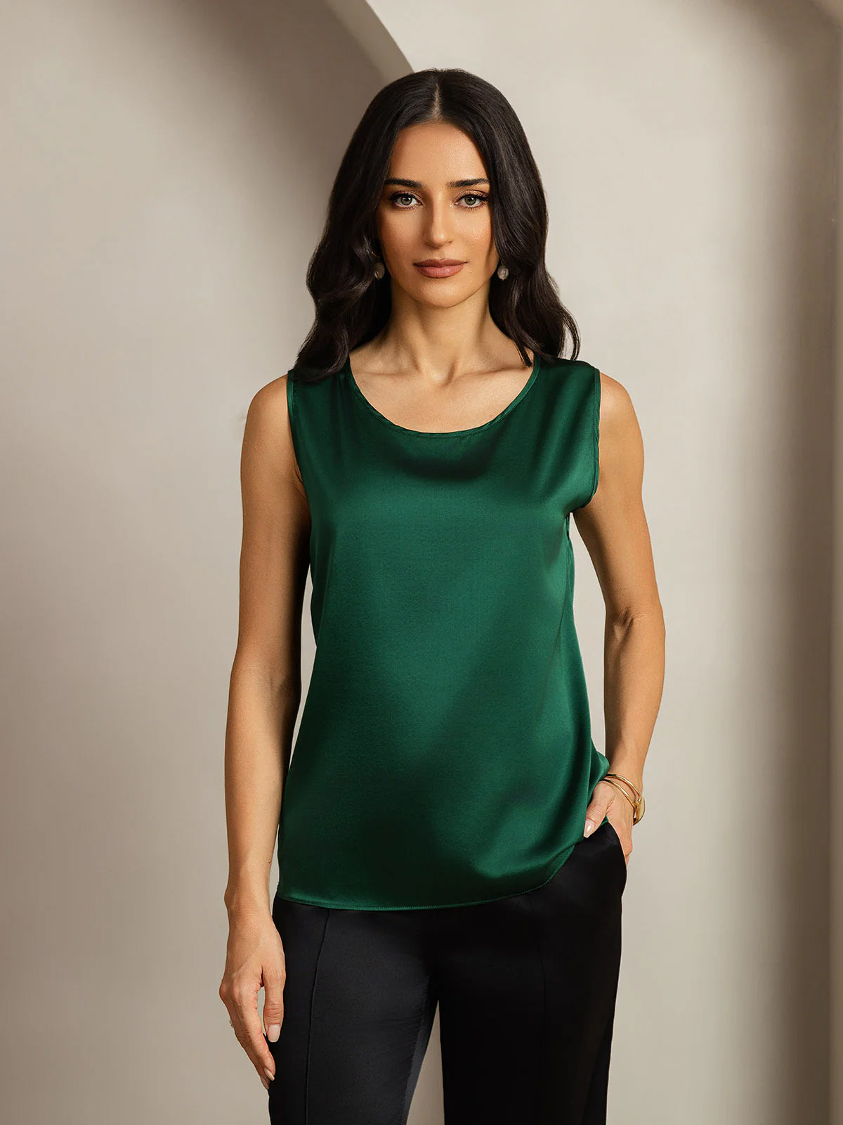 [Dunkelgrün] SilkSilky-DE 19Momme Ärmellos Rundhalsausschnitt Cami Top 005