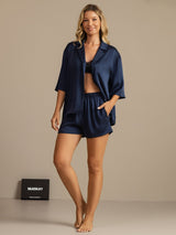 [Dunkelblau] SilkSilky-DE 19Momme Halblange Ärmel Notch-Kragen Damen Pyjamas 007