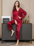 SilkSilky-DE Reine Seide Langärmelig Revers Damen Pyjamas Dunkelrot 002