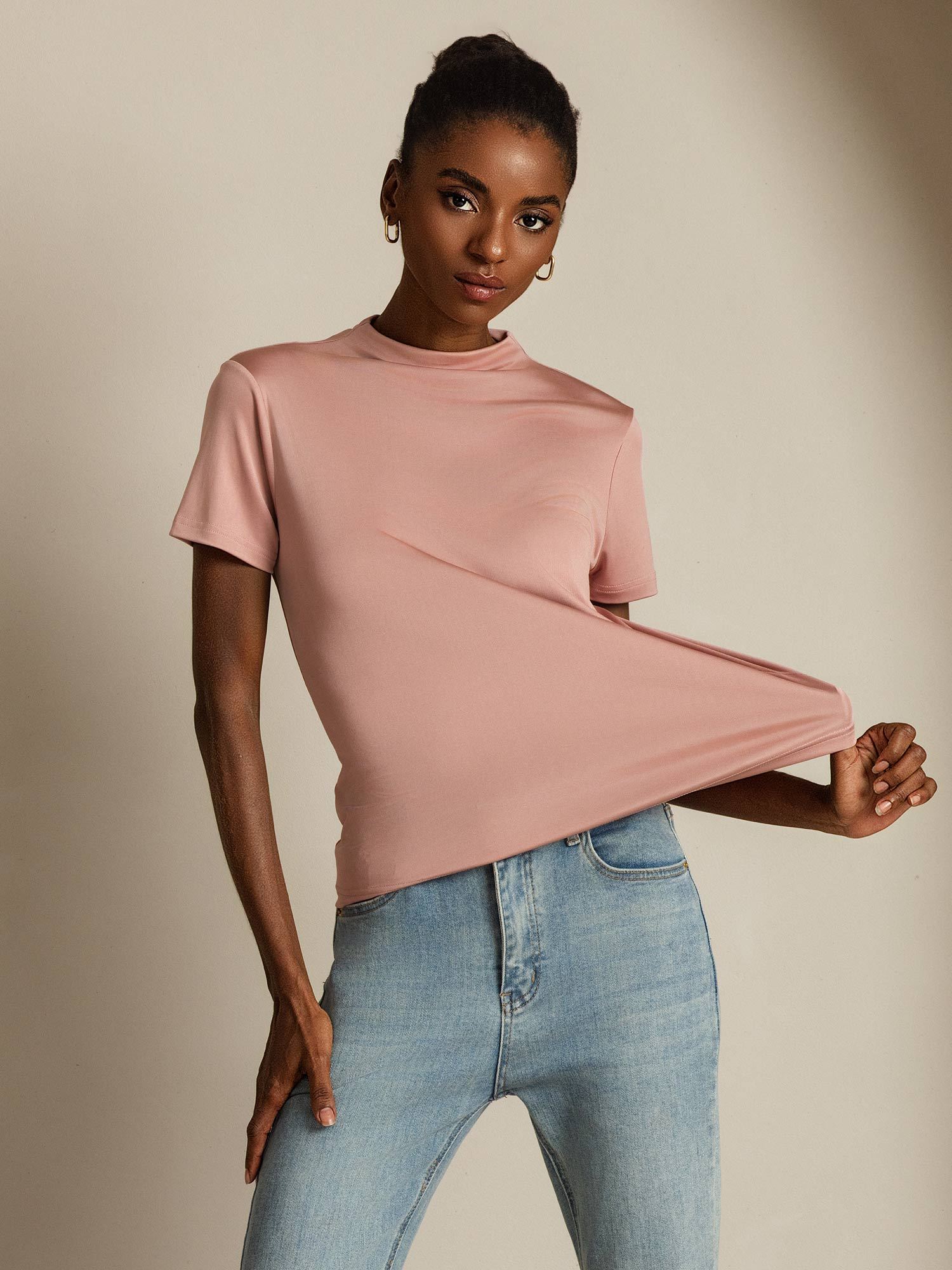 [Rosa] SilkSilky-DE Reine Seide Umlegekragen T-Shirt 001