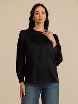 [Schwarz] SilkSilky-DE 19Momme Long Sleeve Round Neck Bluse 004