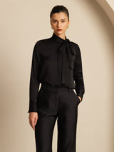 [Schwarz] SilkSilky-DE 19Momme Langärmelig Schluppenkragen Bluse 005