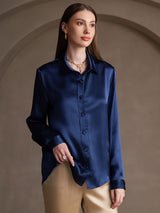 SilkSilky-DE 19Momme Seide Langärmelig Umlegekragen Damenhemd Dunkelblau 003