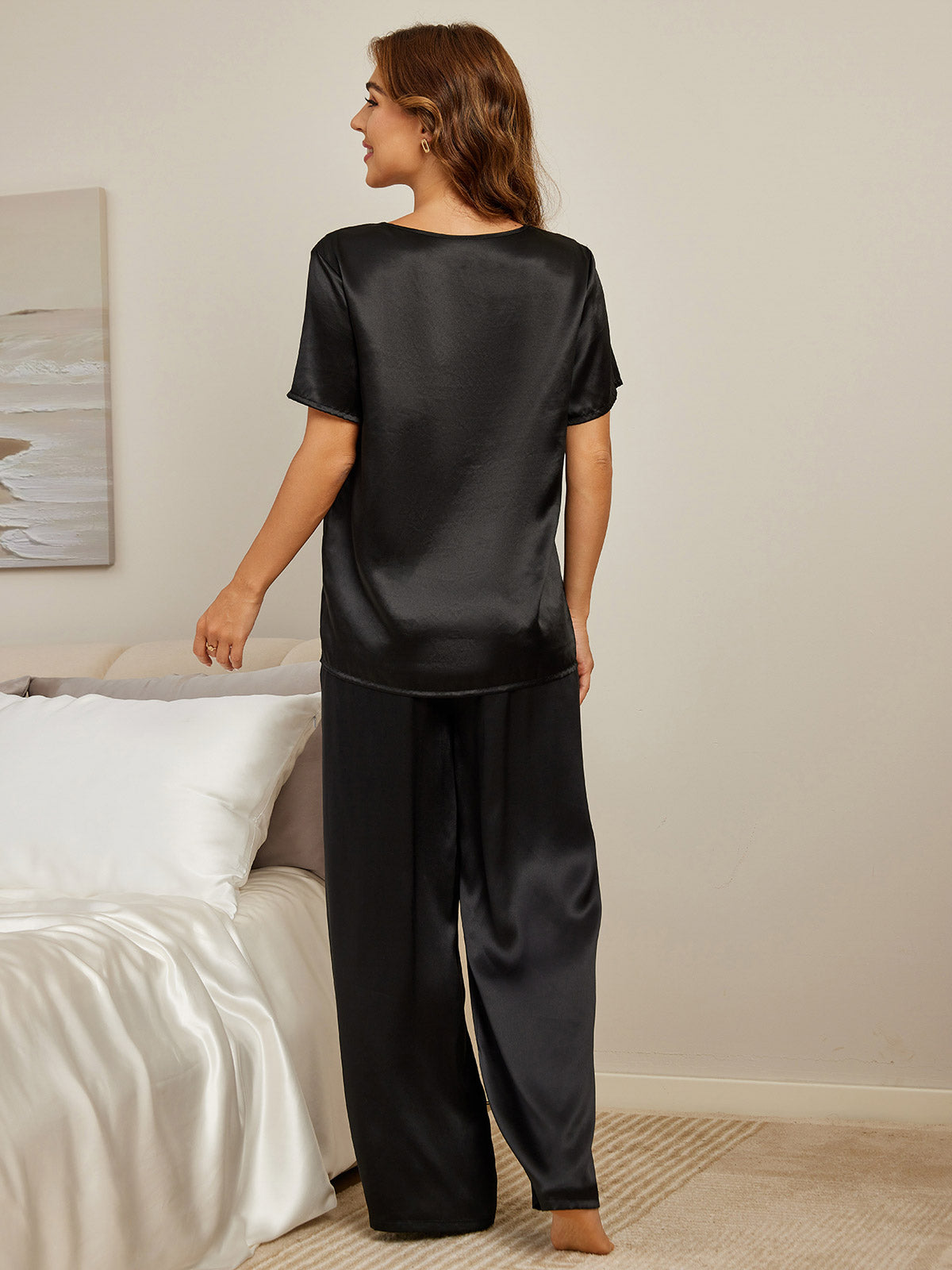 SilkSilky DE Reine Seide Kurzärmelig Rundkragen Damen Pyjamas Schwarz 002