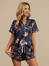 [Marine Blumen] SilkSilky-DE Kurzärmelig Notch-Kragen Damen Pyjamas 005