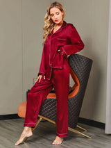 [Rotwein] SilkSilky-DE Long Sleeve Notch-Kragen Damen Pyjamas 006