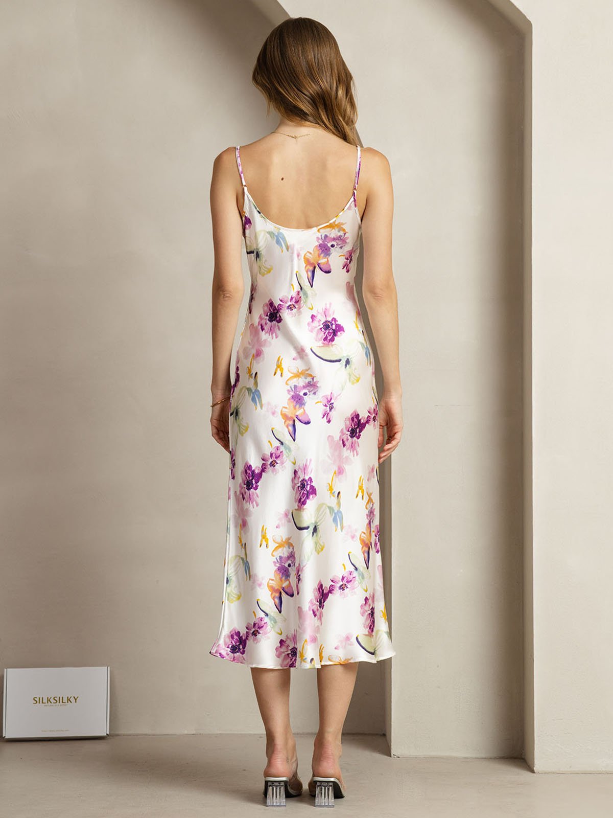 [Aquarellblumen] SilkSilky-DE 19Momme Seide V Ausschnitt Kleider 002