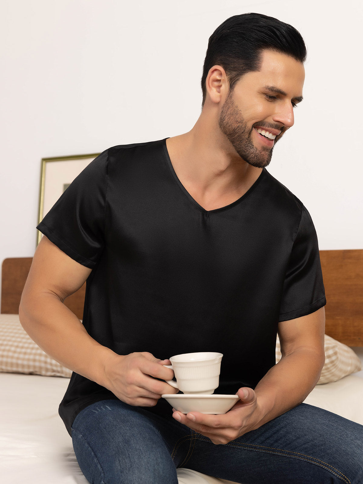 [Schwarz] SilkSilky-DE Reine Seide Kurzärmelig V Ausschnitt Herren T-Shirt 004