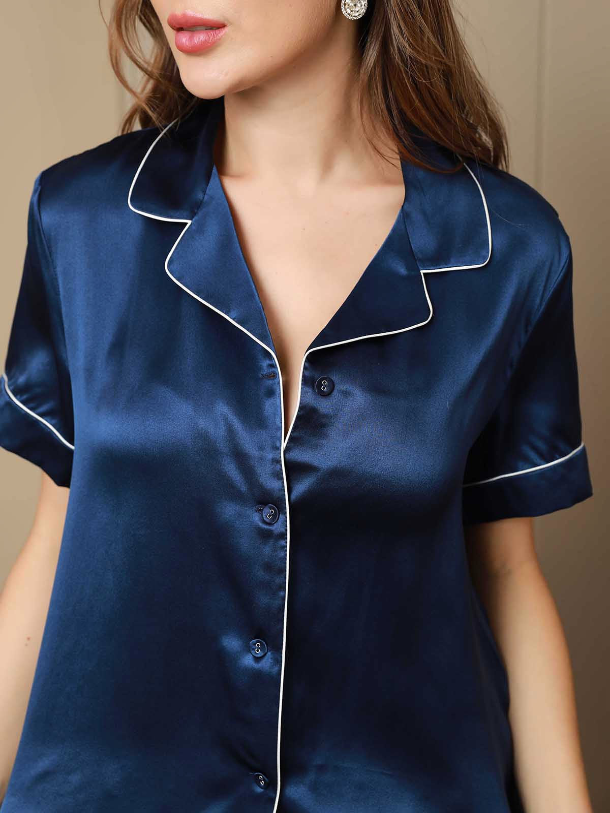 [Dunkelblau] SilkSilky-DE Reine Seide Kurzärmelig Revers Damen Pyjamas 007