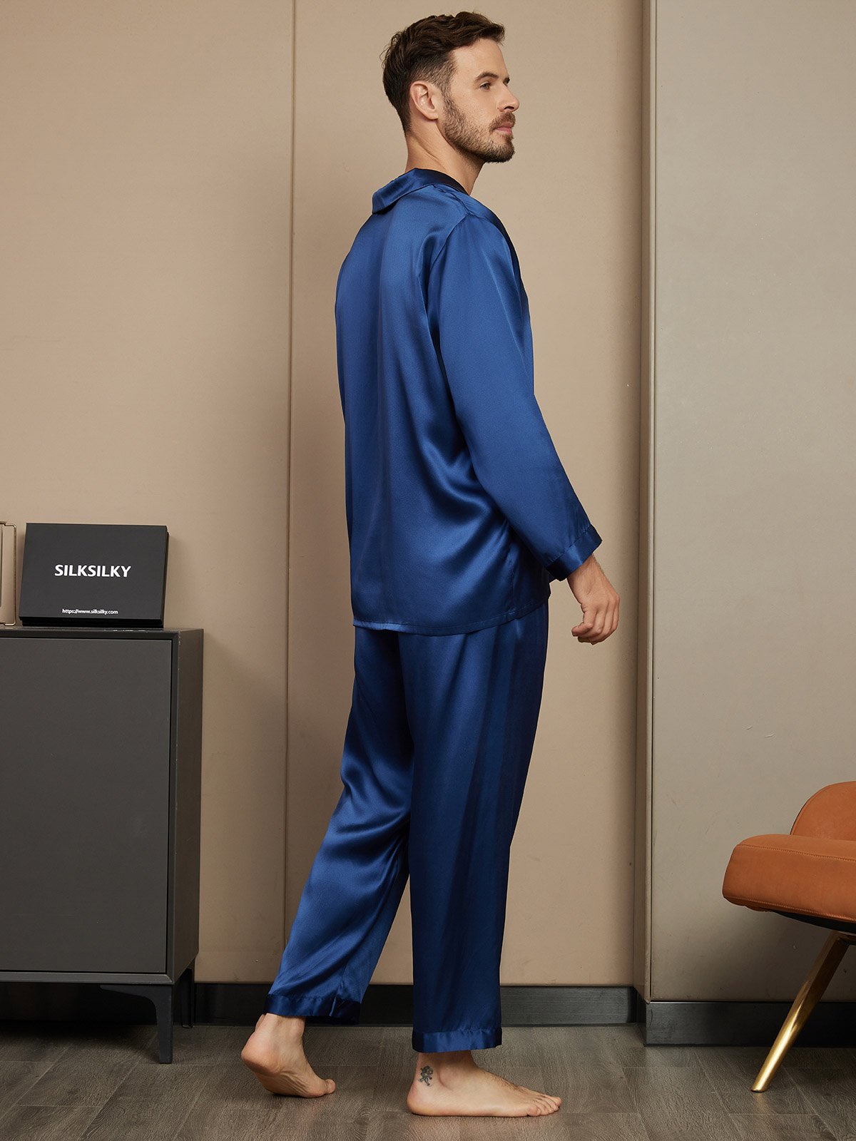 [Dunkelblau] SilkSilky-DE Reine Seide Mens Pajamas 002