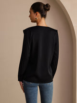 [Schwarz] SilkSilky-DE Long Sleeve Deep V Neck Damenblusen 002