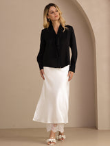 [Schwarz] SilkSilky-DE Long Sleeve Tie Neck Damenblusen 006