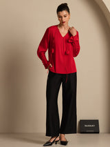 [Schwarz] SilkSilky-DE Long Sleeve V Neck Damenblusen 007