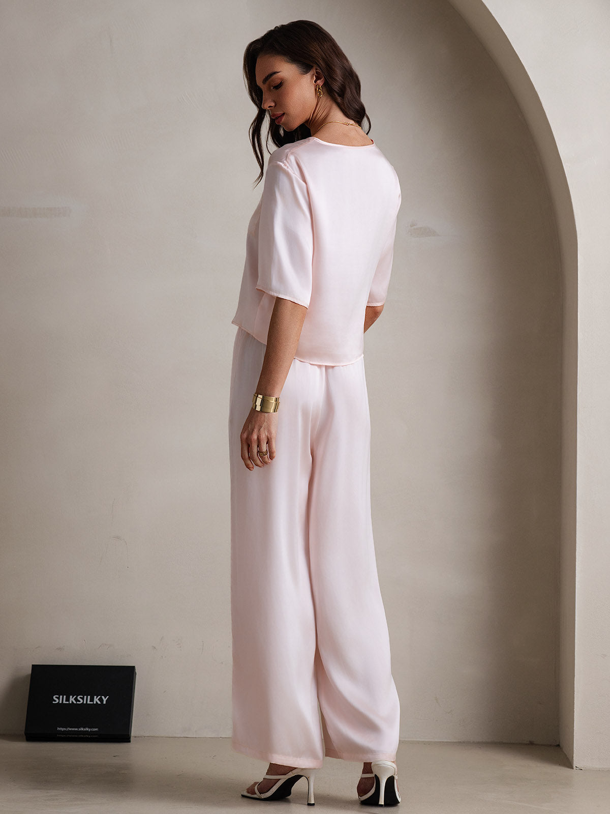 [Rosa] SilkSilky-DE Reine Seide Rundkragen Damen Pyjamas 002