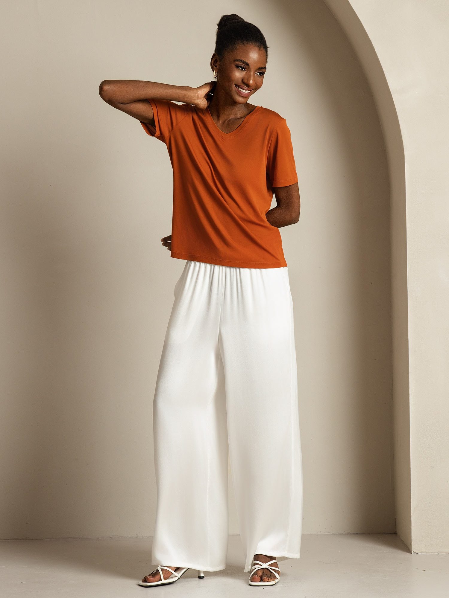 [Orange] SilkSilky-DE Reine Seide V Ausschnitt T-Shirt 009
