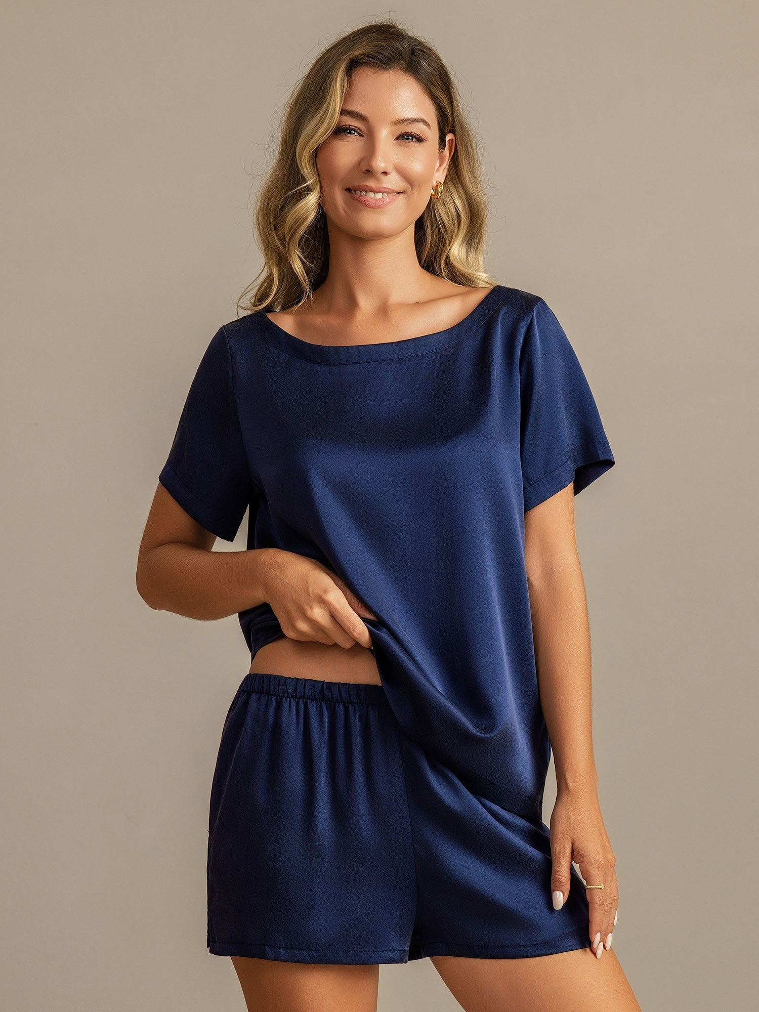 [Dunkelblau] SilkSilky-DE 19Momme Seide Womens Pajamas 005