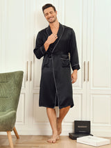 [Schwarz] SilkSilky-DE 19Momme Reine Seide Langärmelig Mens Robe 001