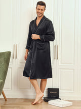 [Schwarz] SilkSilky-DE 19Momme Reine Seide Langärmelig Mens Robe 004