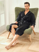 [Schwarz] SilkSilky-DE 19Momme Reine Seide Langärmelig Mens Robe 006