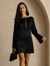[Schwarz] SilkSilky-DE Long Sleeve Boat Neck Kleider 003