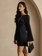 [Schwarz] SilkSilky-DE Long Sleeve Boat Neck Kleider 004