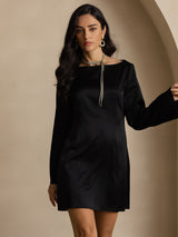 [Schwarz] SilkSilky-DE Long Sleeve Boat Neck Kleider 005