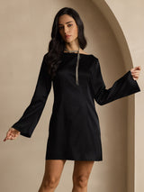 [Schwarz] SilkSilky-DE Long Sleeve Boat Neck Kleider 006
