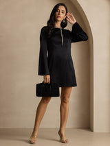 [Schwarz] SilkSilky-DE Long Sleeve Boat Neck Kleider 007