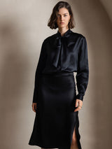 [Schwarz] SilkSilky-DE 19Momme Langärmelig Schluppenkragen Bluse 003