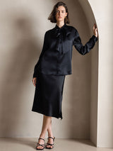 [Schwarz] SilkSilky-DE 19Momme Langärmelig Schluppenkragen Bluse 005