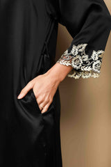 [Schwarz] SilkSilky-DE 3/4 Sleeve V Neck Nachthemd&Morgenmantel Set 009