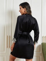 [Schwarz] SilkSilky-DE 3/4 Sleeve Damen Morgenmantel 002