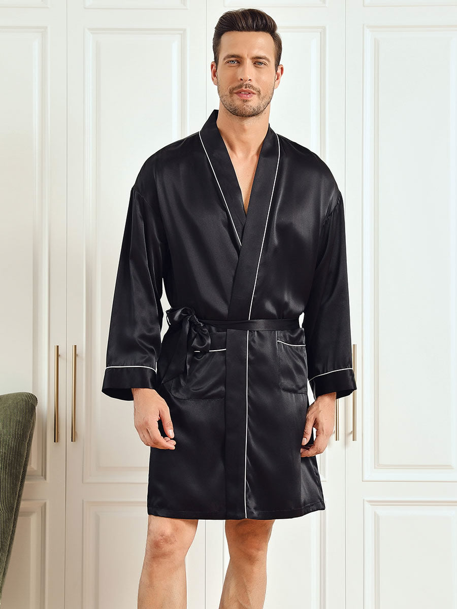 [Schwarz] SilkSilky-DE Long Sleeve Herren Morgenmantel 001