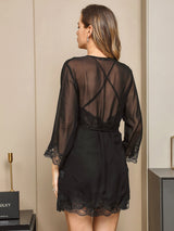 [Schwarz] SilkSilky-DE 3/4 Sleeve V Neck Nachthemd&Morgenmantel Set 003