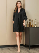 [Schwarz] SilkSilky-DE 3/4 Sleeve V Neck Nachthemd&Morgenmantel Set 005