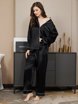 [Schwarz] SilkSilky-DE Long Sleeve Notch-Kragen Damen Pyjamas 004