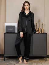 [Schwarz] SilkSilky-DE Long Sleeve Notch-Kragen Damen Pyjamas 005