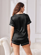 [Schwarz] SilkSilky-DE Reine Seide Kurzärmelig V Ausschnitt Damen Pyjamas 002