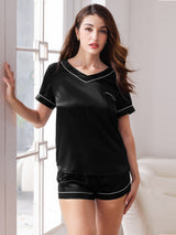 [Schwarz] SilkSilky-DE Reine Seide Kurzärmelig V Ausschnitt Damen Pyjamas 003
