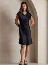 [Schwarz] SilkSilky-DE Cap Sleeve V Neck Kleider 001